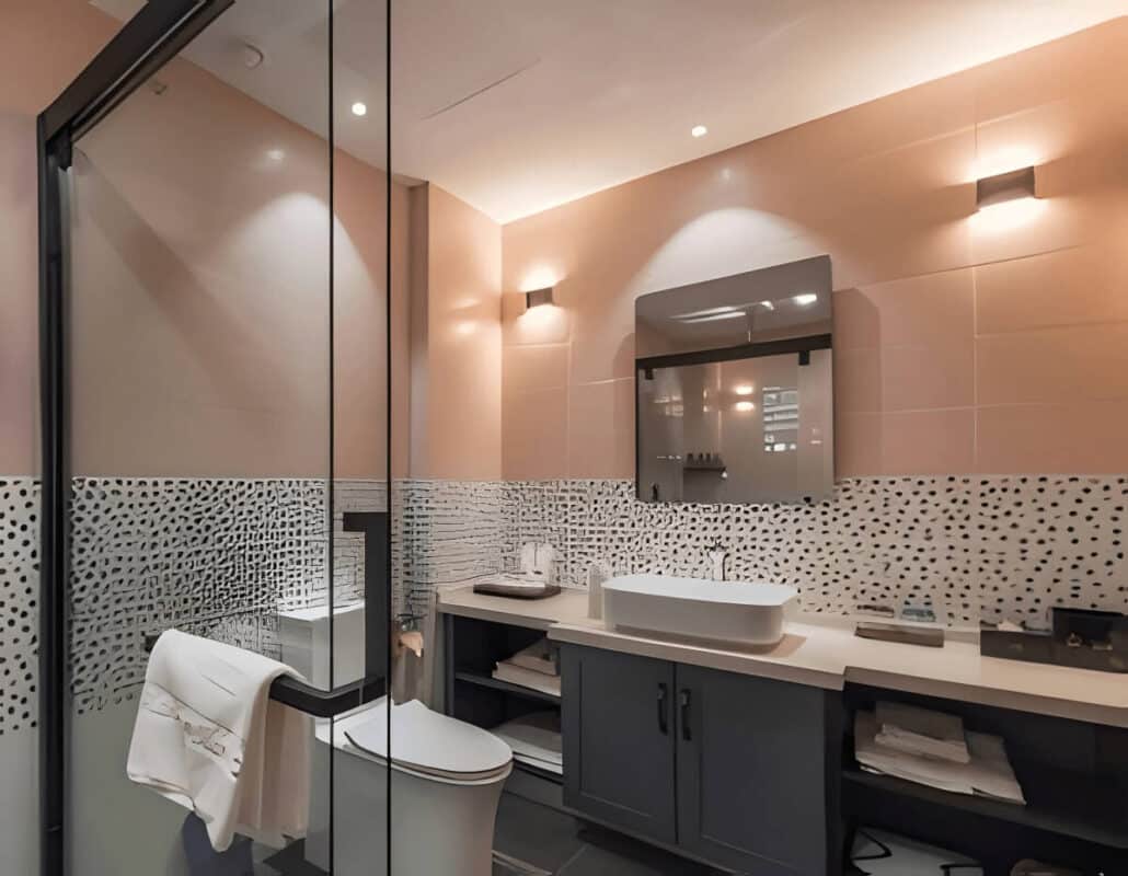 MIRROH smart bathroom mirror displaying weather and time