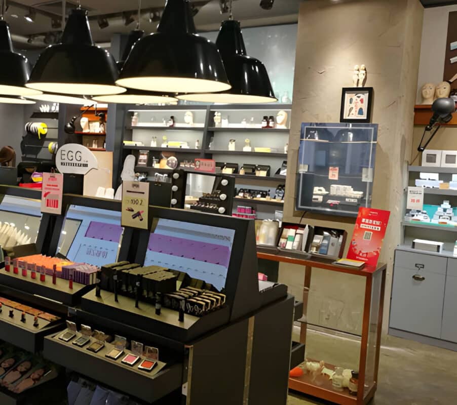 MIRROH smart beauty mirror used as an in-store AR try-on counter for a global beauty brand