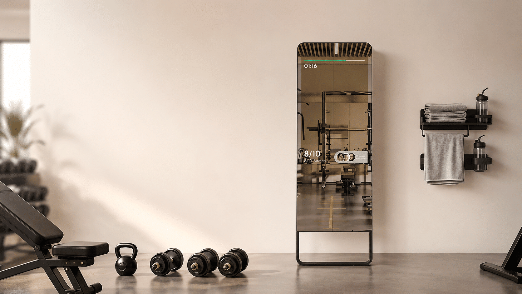 MIRROH full-length smart fitness mirror displaying a virtual trainer and real-time workout metrics