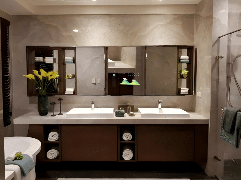 MIRROH waterproof smart mirror TV in an OCT Portofino villa bathroom