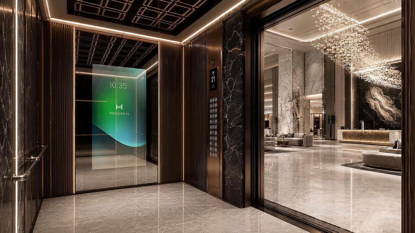 MIRROH digital signage smart mirror installed inside an elevator cabin displaying weather and advertisements