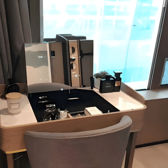 MIRROH custom flip-top smart vanity mirror in a residential dressing room fit-out