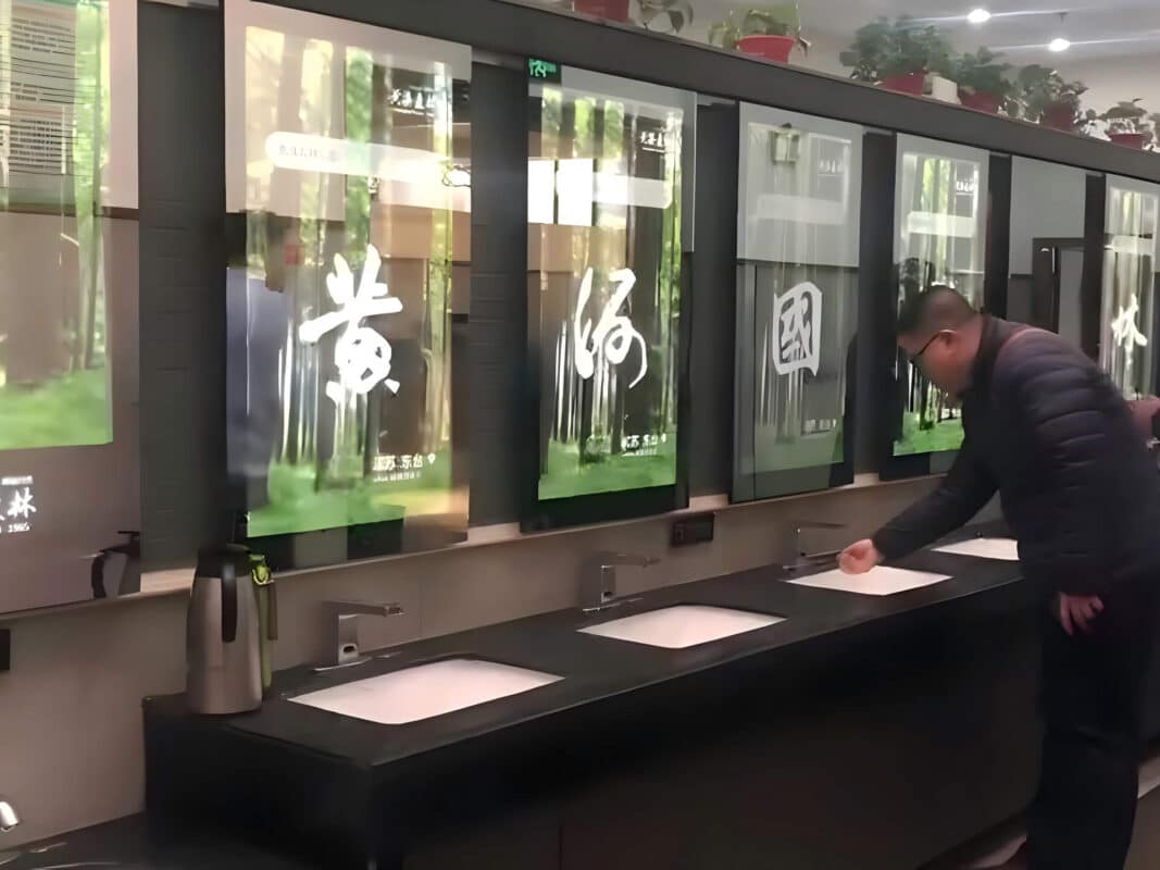 MIRROH AD43 digital mirror signage at Anhui highway service area restrooms