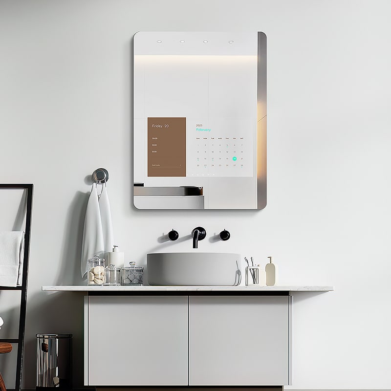 MIRROH M2S smart bathroom mirror displaying a digital dashboard with time and weather for hospitality