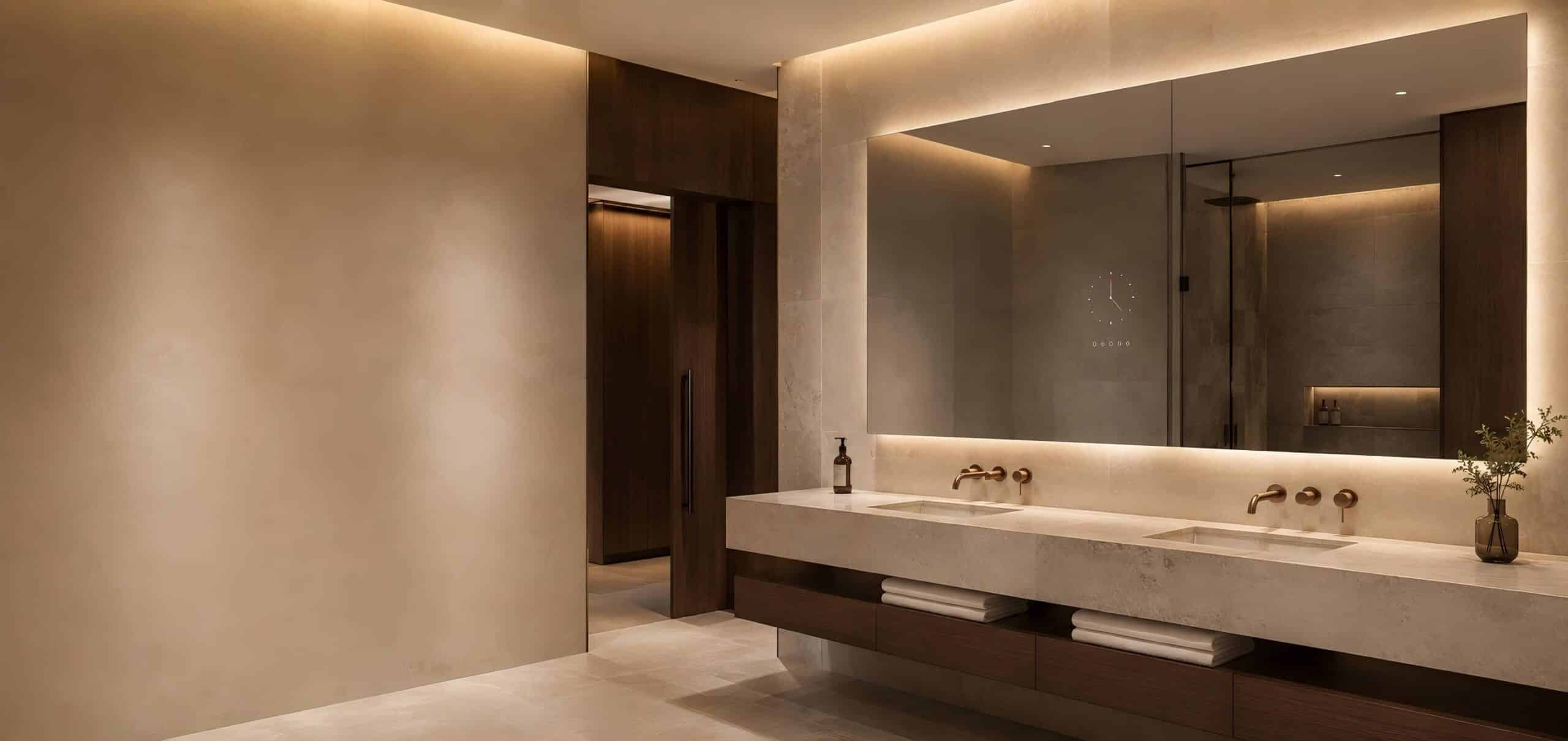 MIRROH smart mirror with digital clock in a luxury dual-sink bathroom, used as projects and case studies hero image