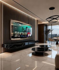 MIRROH large screen smart mirror TV displaying video in a contemporary living room