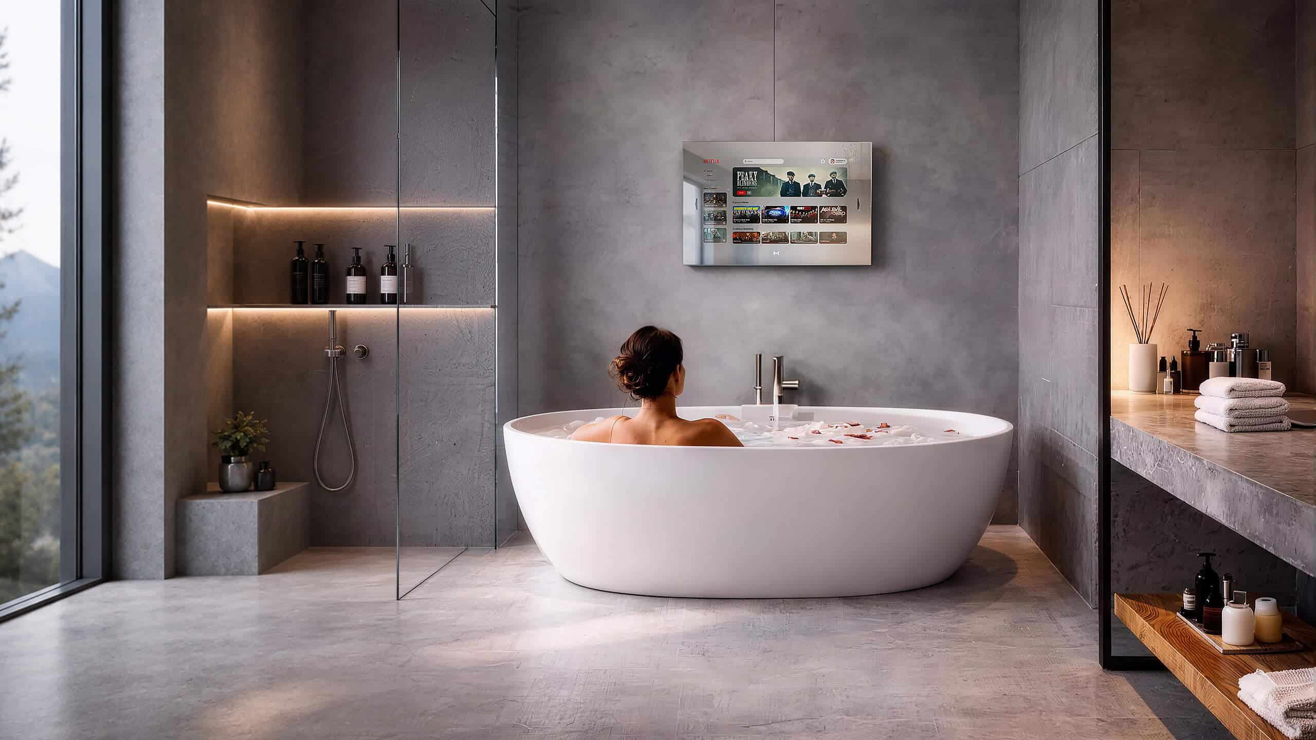 MIRROH waterproof mirror TV installed above a bathtub in a luxury bathroom