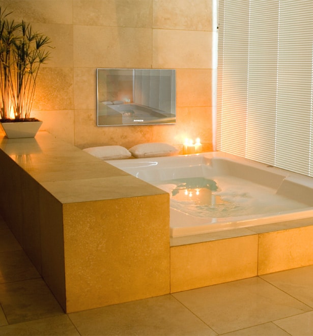 MIRROH waterproof mirror TV installed in a Koh Samui spa resort bathroom