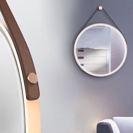 MIRROH smart bathroom mirror displaying a digital interface in a modern real estate bathroom setting